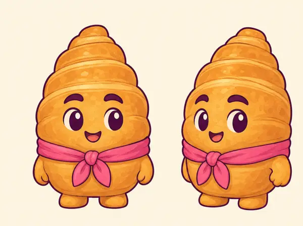 Small example of a golden pastry character shown from two angles