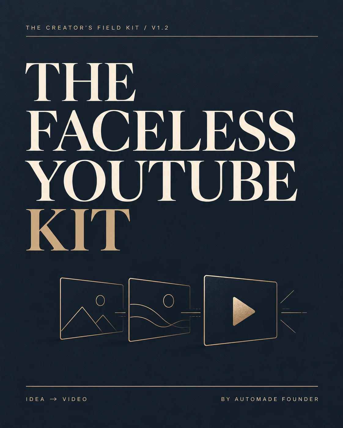 The Faceless YouTube Kit, Creator’s Field Kit v1.2 by Automade Founder. Midnight navy cover with bronze image-to-video artwork.